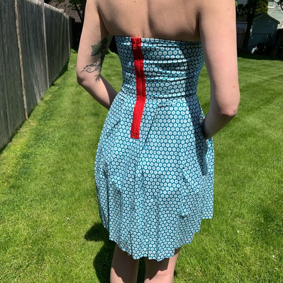 Retro strapless dress, teal number print, size S - Picture 2 of 7